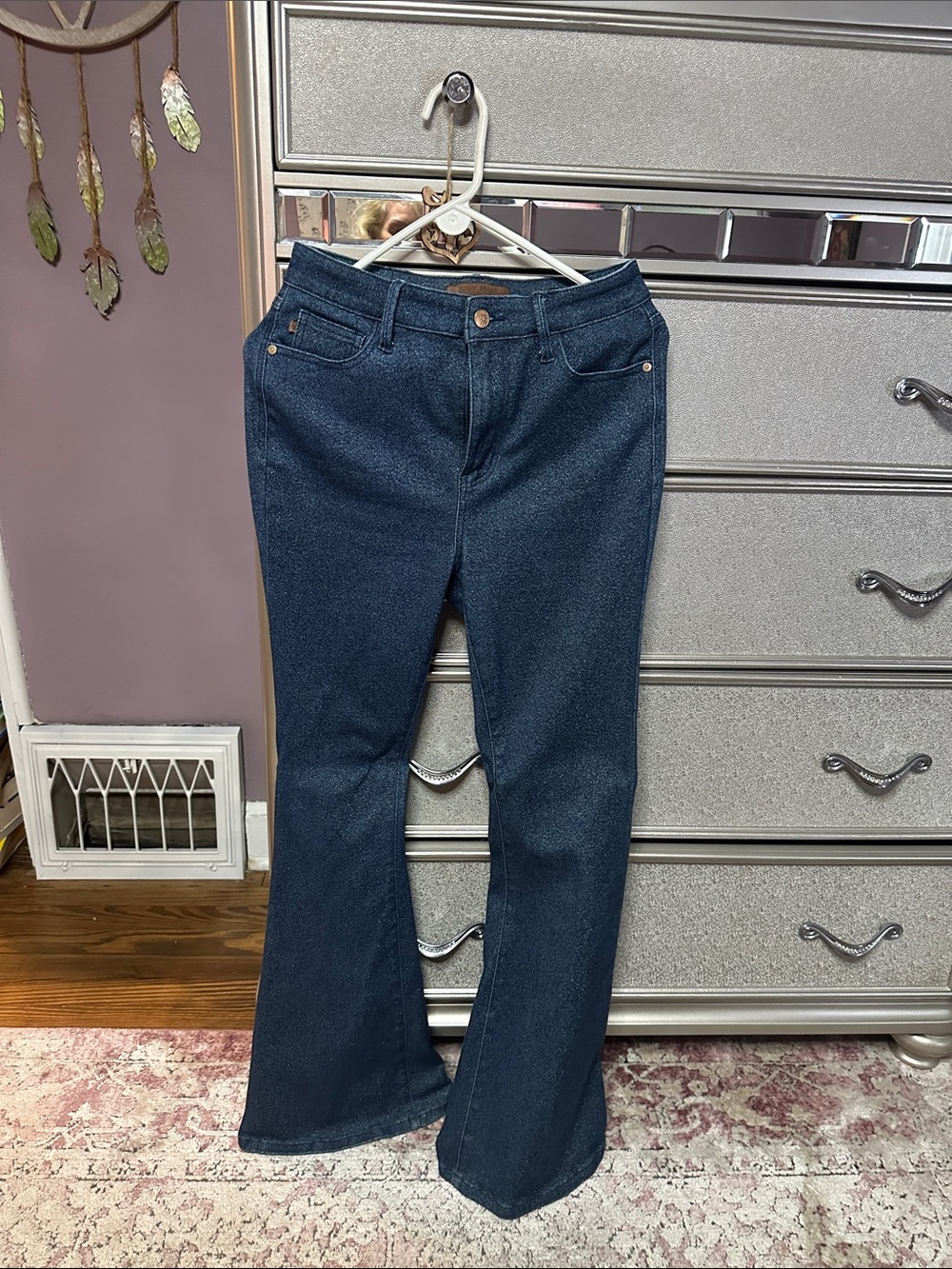 Judy Blue Dark Blue Flare Jeans with sparkly material that shimmers